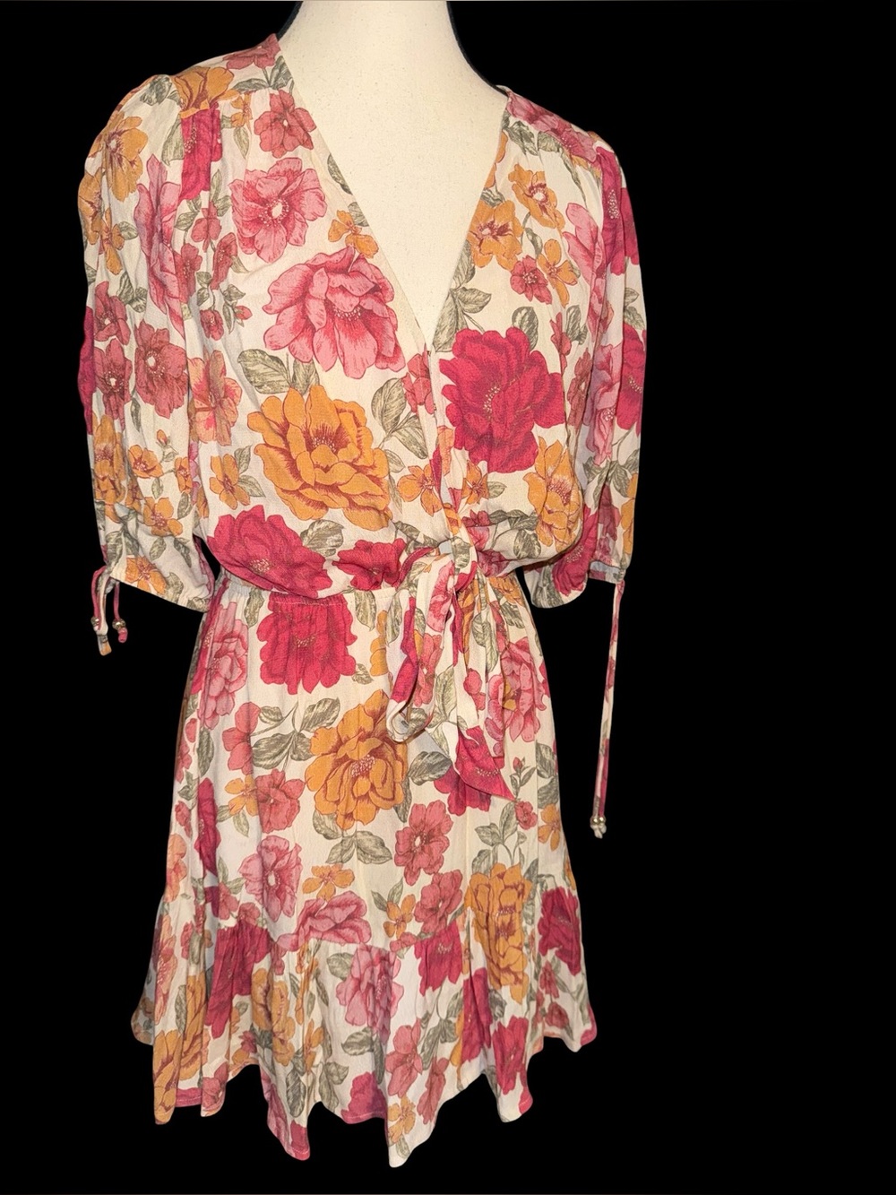 KIVARI Floral Mini Dress AU 10 US 6 Pink Rose Boho Puff Sleeve Resort wedding